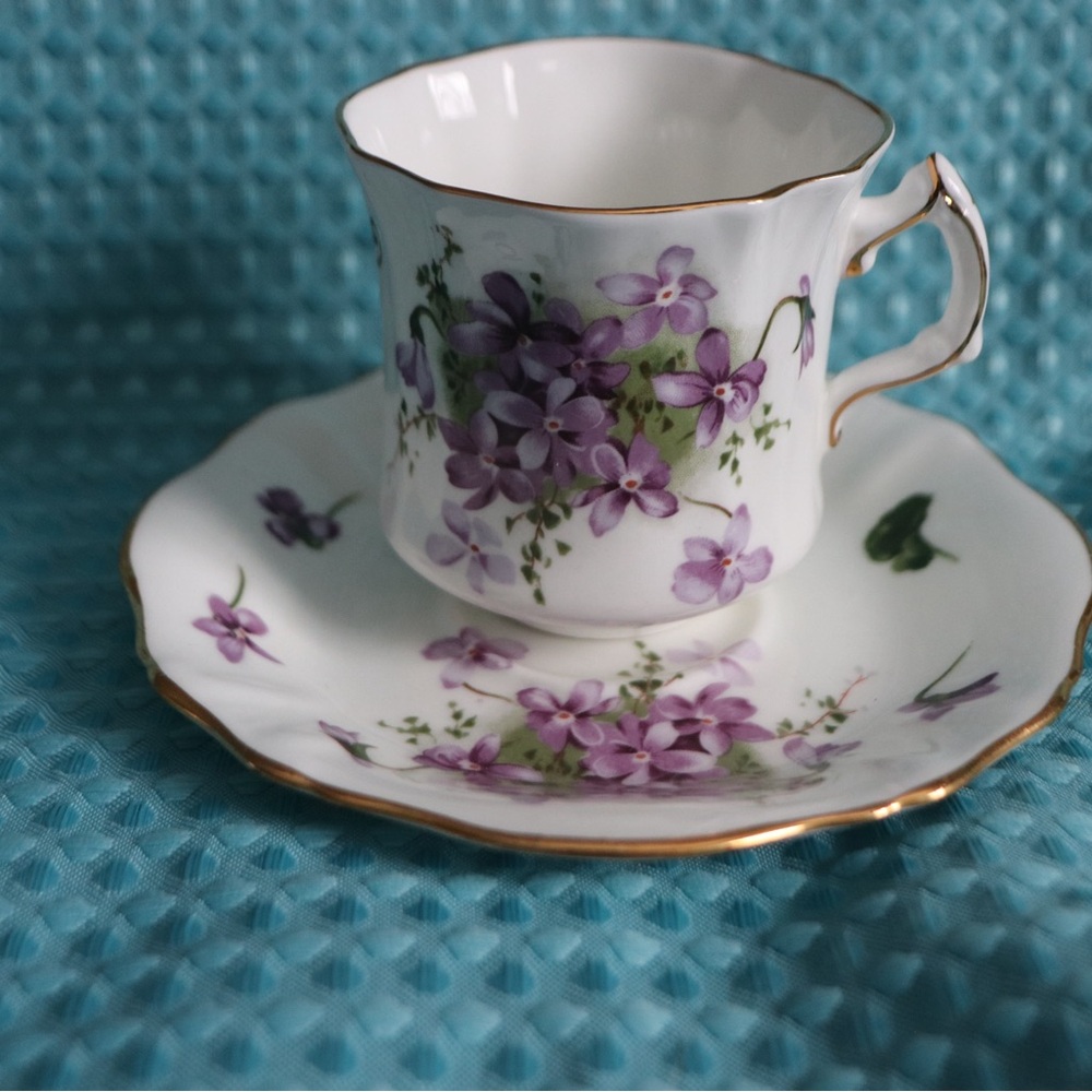 Purple Floral Teacup and Saucer with Gold Trim